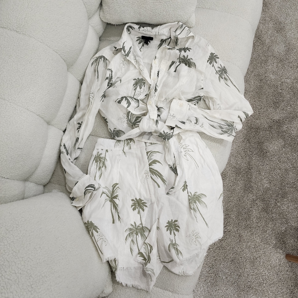 ATM Anthony Thomas Melillo Palm Print Linen Tie Front Top and Shorts